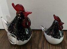 Handblown Art Glass Rooster And Matching Hen Statues Used As Paper Weights. picture