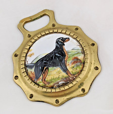 Brass Horse Medallion Vintage Porcelain Gordon Setter Pup Dog Sport Hunt Show picture