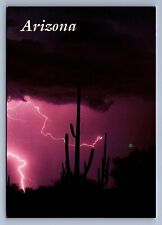 Postcard Vtg Arizona Desert At Night During A Storm Lightning Bolt 4x6 picture
