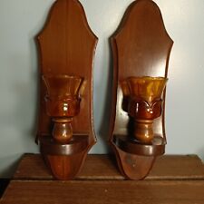 Vintage Wooden Wall Sconce Candle Holders, Amber Glass Votive Cups picture