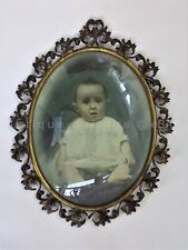 antique BABY PHOTO tinted OVAL BUBBLE CONVEX GLASS metal frame 15
