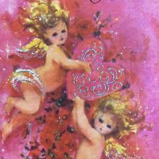 Vintage Valentines Day Greeting Card Pink Cherubs Angels Hearts Silver Flowers picture