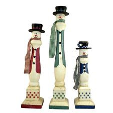 Vintage 3 Snowmen Statue Set Green Blue Red Snowman Hat Christmas Holiday Decor picture
