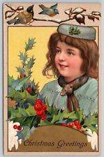 Antique Embossed Christmas Postcard~ Girl In Mink Scarf~ Birds & Holly picture