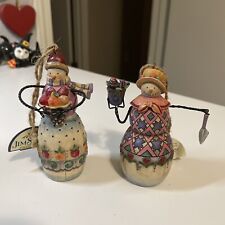 Jim Shore Set Of 2 Snowman Ornaments With Fruit Basket And Gardening Pot picture