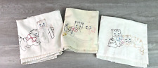 Vintage Linen Cotton Kitchen Towels Hand Embroidered Kittens picture