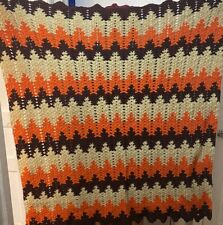 Vtg. Knit Afghan Throw Blanket Grannycore ZigZag Chevron Brown Orange Fall Retro picture