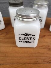 Vintage CLOVES Spice Jar Shakers Milk Glass Black Letters Chamfered picture