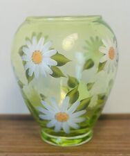 Vintage Glass Daisy Vase Lime Green Hand Painted White Daisies picture