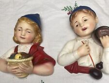 VINTAGE 1940’s WALL ART PLAQUE FIGURINE GIRL & BOY MADEIRA/PORTUGAL Red blue picture