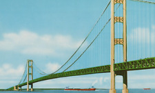 Mackinac Bridge over Lake Michigan Straits Facts Chrome Vintage Post Card picture