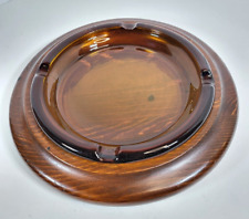 Vintage Large Coffee Table MCM Amber Glass Ashtray with Wood Base picture