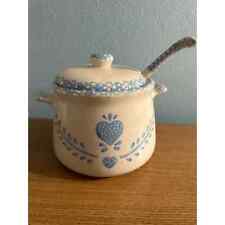 Large Ceramic Lidded Soup Tureen With Ladle, Blue Heart Sponge Painted 7”x8-1/2” picture