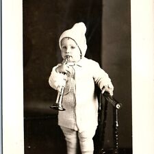 c1910s Adorable Baby w/ Trumpet RPPC Winter Cap Cute Musical Kid Real Photo A143 picture