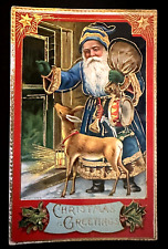 Rare ~Blue Robe Santa Claus with Reindeer Toys~Antique Christmas~Postcard~k348 picture