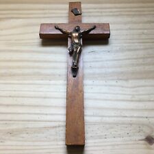 Vintage 1950s Wood Crucifix Brass INRI Jesus Christ Wall Cross Hanging 13