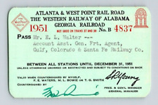 1951 ATLANTA & WEST POINT R.R. OF ALABAMA. GEORGIA R.R. RAILROAD PASS picture