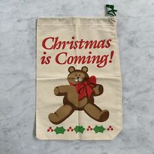 Vintage Christmas is Coming Brown Teddy Bear Drawstring Cloth Holiday Gift Bag  picture