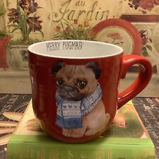 “Merry Pugmas”~Large Mug~Pug Dog~w/Scarf~Super Cute~Red Background~FREE SHIPPING picture