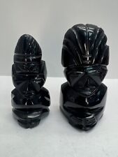 2 VTG Black Onyx Obsidian Carved Statue Aztec Mayan Stone Figures 4 1/2” & 4 “ picture