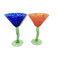 Two Handcrafted Art Nouveau Martini Glasses Splatter Hand Blown picture