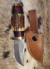 Damascus Steel Stag Antler Handle Knife Hunting Skinning 6.5