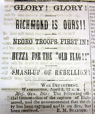 1865 Civil War newspaper NEGR0 SOLDIERS help CAPTURE Confedera RICHMOND Virginia picture