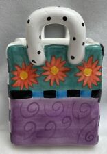 Milson and Louis Hand Painted Teal Purple Floral Bag Whimsical Planter Vase picture