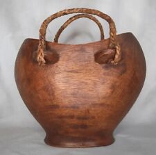 Unique Handmade Wooden Basket Bowl With Braided Handles Hard Wood Hand Carved picture