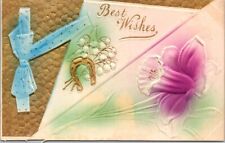 Best Wishes Horseshoe Ribbon Flower Airbrush Gilt Embossed c1910 postcard GQ2 picture