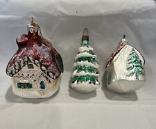 VTG Hand Blown Christmas Ornament Lot Houses & Christmas Tree picture