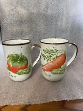 Vintage Speckled Stoneware Set of 2 Vegetable Garden Mugs Farmhouse Country picture