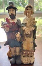Wood-look Resin Thanksgiving Harvest Pilgrim Figurine Man & Woman Couple picture