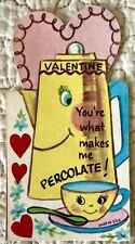 Vintage Valentine Percolator Coffee Anthropomorphic Greeting Card 1950s 1960s picture