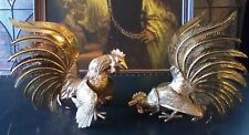 VINTAGE PAIR OF BRASS FIGHTING ROOSTER FIGURINES BOOK ENDS MID CENTURY JAPAN MCM picture