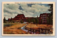 YELLOWSTONE NATIONAL PARK Postcard Old Faithful Inn Curteich Haynes Linen picture