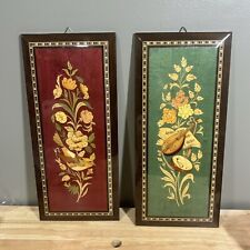2 Vintage Italian Wood Inlay Floral Wall Art Plaques Marquetry Italian MCM Music picture
