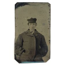 Oversized Coat Tiny Head Tintype c1870 Antique 1/6 Plate Young Man Photo A3433 picture