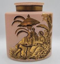 Vtg Oval Dresser Jar Pink Gold Japanese Courting Couple Glass  7.5