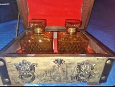 Vintage Wood Treasure Chest Bar Set with 2 Amber Liquor Decanters 4 Shot Glasses picture