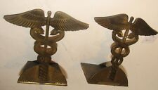 Vintage BRASS MEDICAL CADUCEUS BOOKENDS Pair of Bronzed Winged Snake Set Israel picture