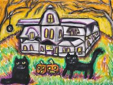 BLACK CATS HAUNTED HOUSE 13 x 19 Art Print Halloween Collectible Artist KSams picture