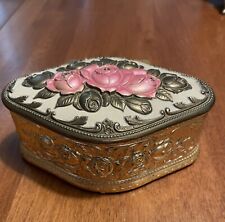Vintage Ornate Pink Roses Gold Brass Gilt Hinged Art Nouveau Jewelry Trinket Box picture