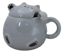 Whimsical Grey Chubby Feline Kitty Cat Cup Mug With Lid And Stirring Spoon picture