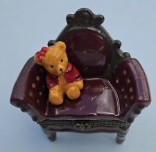Vintage Trinket Box/Yellow Bear With Red Hair Bow/Burgandy Sofa picture