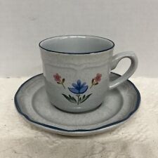 Inter-National Japan Grey & Blue Floral Stoneware Mugs Coffee Cup W/Saucer picture