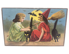 Vintage (cir 1912) Embossed Postcard A HALLOWEEN PARTY witch bat USED w/1¢ Stamp picture
