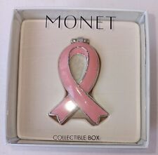 Monet  Silvertone Enamel Pink Ribbon Trinket Box New Breast Cancer Awareness picture