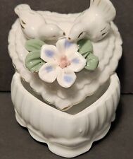 Vintage Heart Shaped Porcelain & Gold Trimmed Trinket Box with 2 Doves & Flower picture