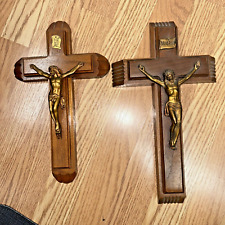 QTY 2 VINTAGE WOODEN CRUCIFIX SICK CALL LAST RITES W/CANDLES & HOLY WATER BOTTLE picture